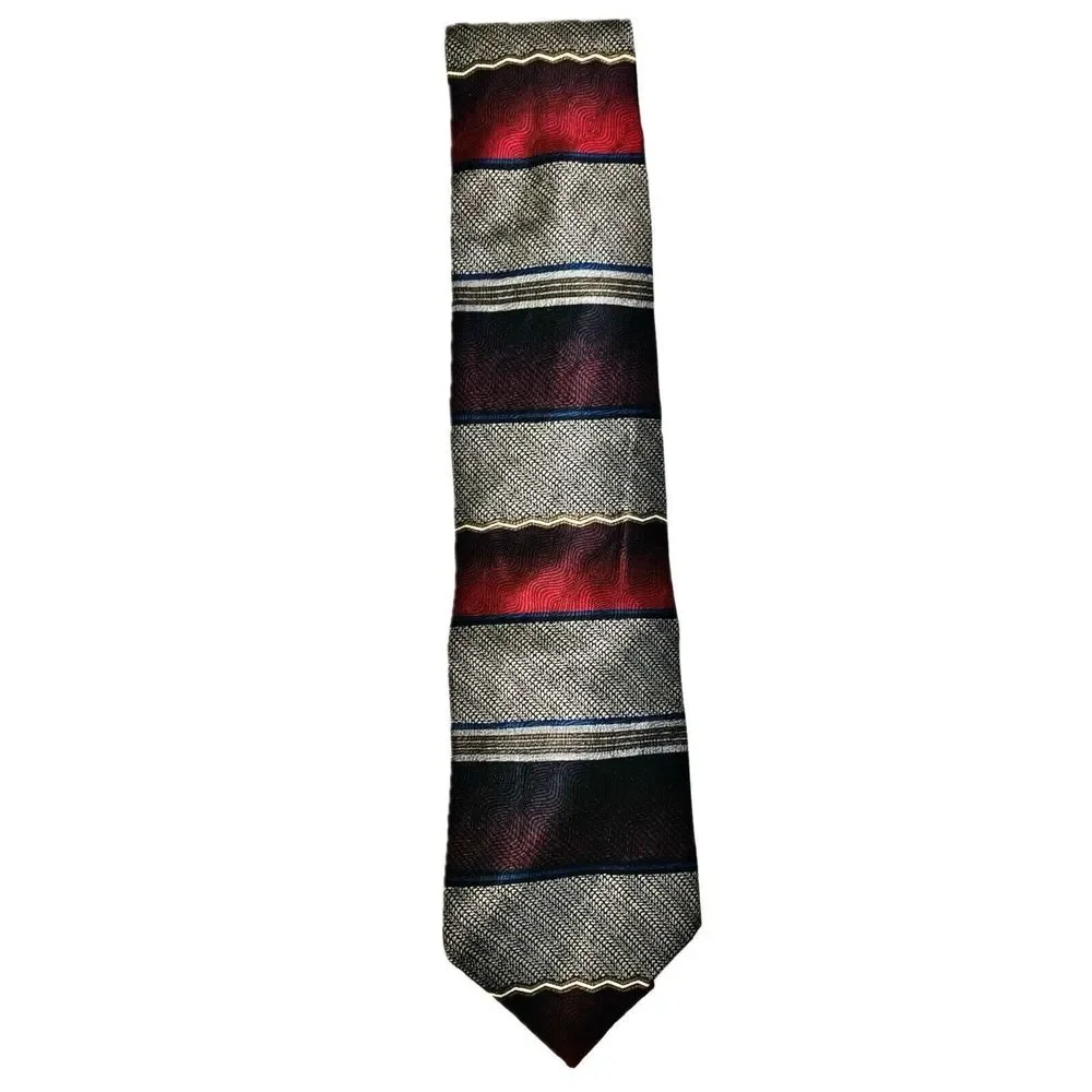 Bellini Silk Necktie‎ Mens OS Burgundy Silver NWT Vintage 90s Striped Wide Tie